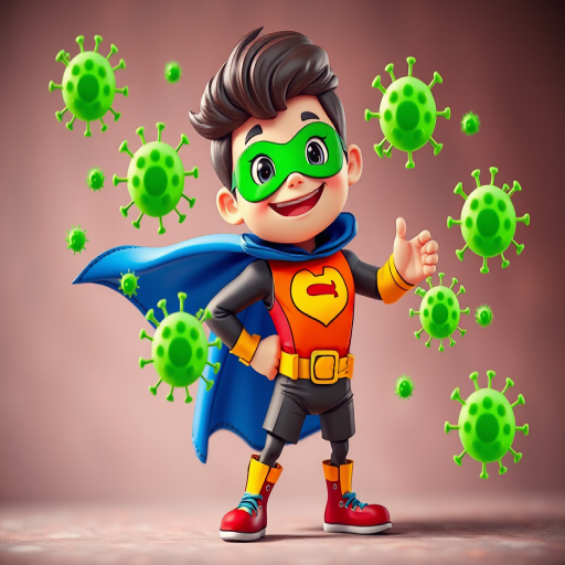 Create a colorful cartoon superhero character with a smiling face and a blue cape, standing confidently in a dynamic pose while deflecting green virus-like shapes, use a soft focus lens, 50mm f/1.8 camera lens, shot from a low angle, with high saturation and vibrant colors, in a digital art style.