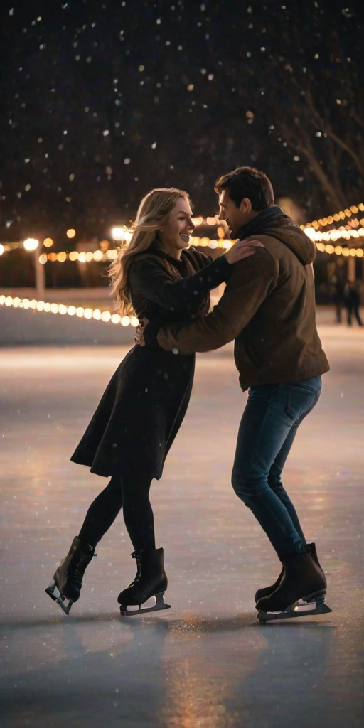 Blurry action shot of a couple ice skating on a frozen pond, with soft snowflakes falling around them and lights strung overhead, casting a warm glow over the scene.
