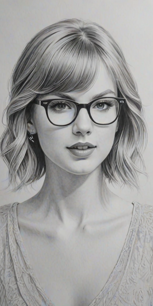 Sublime Taylor Swift, pencil sketch, portrait of Wonderful woman 1924s in glasses, hair style beatnik, outline, clear lines, fine lines, 8k