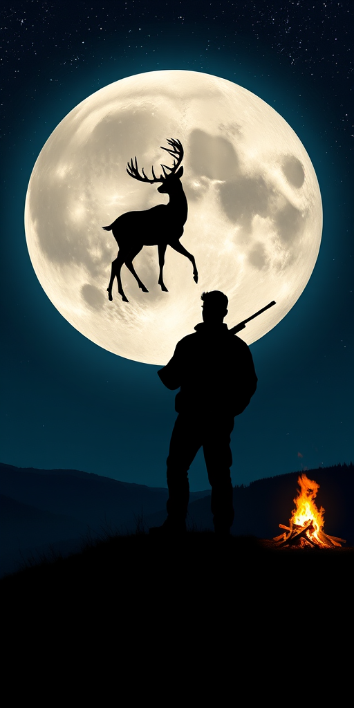 create an image of a silhouette of a man holding a rifle standing on a hill overlooking a large full moon with a mystical deer silhouette in front of it, a campfire glowing on the side, night sky filled with stars, captured with a DSLR camera, 35mm lens, f/2.8 aperture, ISO 400, high dynamic range, long exposure for enhanced detail and clarity