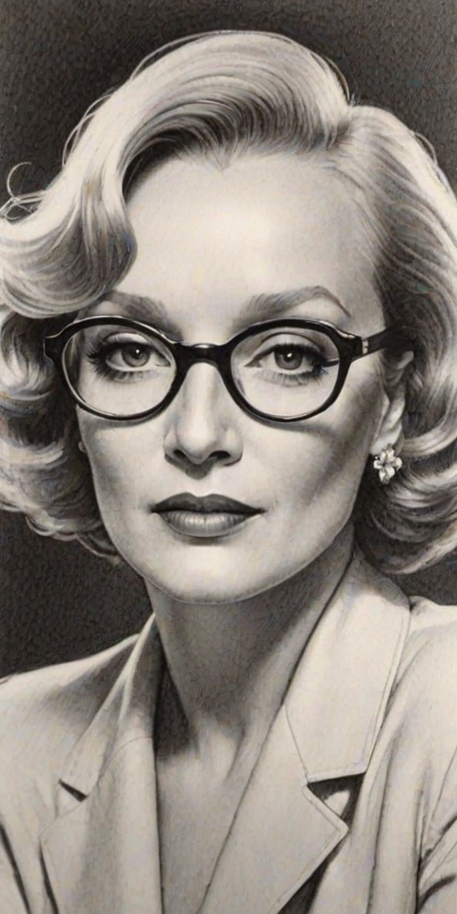 Wonderful Marlene Dietrich, pencil sketch, portrait of Enchanting woman 1965s in glasses, hair style beatnik, outline, clear lines, fine lines, 8k