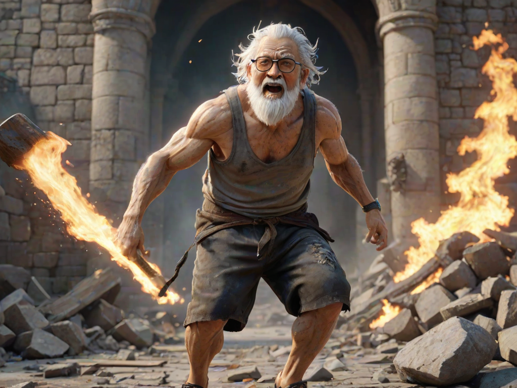 Cartoon 3D High-Resolution,dynamic battle scene using Unreal Engine 5 and Octane Render. The scene features back of an elderly, thai man with a beard,messy hair and round golden-rimmed glasses. He is wearing a tattered tank top with soot marks, shorts, and sandals. sweating. he wields a baseball bat. He jump to fight with a white fire-breathing Europe dragon amidst a partially destroyed stone castle. Include intense flames, smoke, and debris to enhance the dramatic effect.