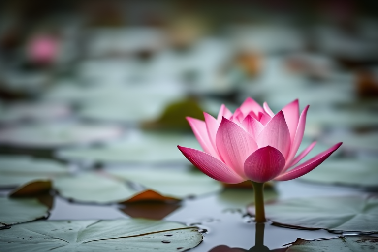 photograph of a pink lotus flower in a serene pond, soft focus background, aperture f/2.8, ISO 200, shutter speed 1/500s, taken with a DSLR camera, shallow depth of field, natural light, vibrant colors