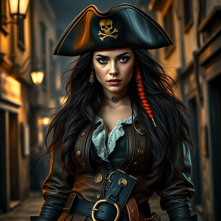 Create a portrait of a fierce female pirate. She wears a leather tricorn hat adorned with a skull and crossbones emblem, and her long, dark hair flows around her face. Her outfit consists of a richly detailed leather jacket, a corset, and multiple layers of belts and accessories, giving her a formidable and stylish appearance. She stands confidently in a dimly lit, historic port town, with a backdrop of weathered buildings and cobblestone streets, capturing the adventurous spirit of a pirate.