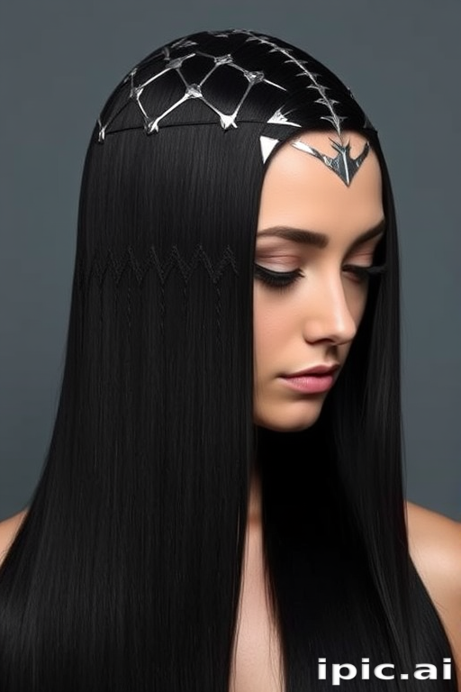 Sleek jet-black hair falls pin-straight to the waist, adorned with intricate silver geometric patterns along the scalp, creating a futuristic and avant-garde aesthetic.