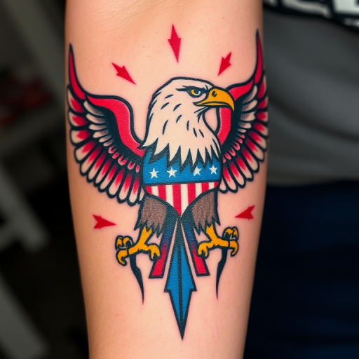 Bold American traditional eagle on forearm, vivid red and blue accents, sharp black outlines, classic styling with modern twist in coloration