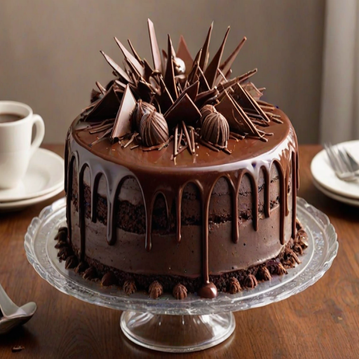 Create an image of a decadent chocolate cake with multiple layers. The cake should be adorned with rich chocolate frosting and topped with chocolate shards arranged in a fan shape. Include a glossy chocolate drip around the sides and sprinkle chocolate shavings on the base. Make the overall presentation elegant and indulgent.