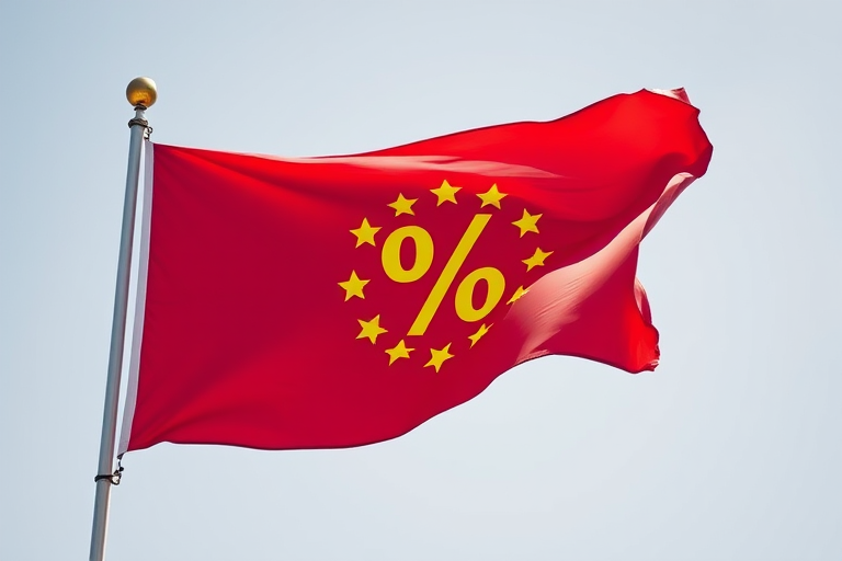 Create an image of a red flag with a yellow starburst displaying a percentage symbol, captured with a DSLR camera at f/8 aperture, 1/250 second shutter speed, ISO 200, front view, in bright daylight to enhance image quality.