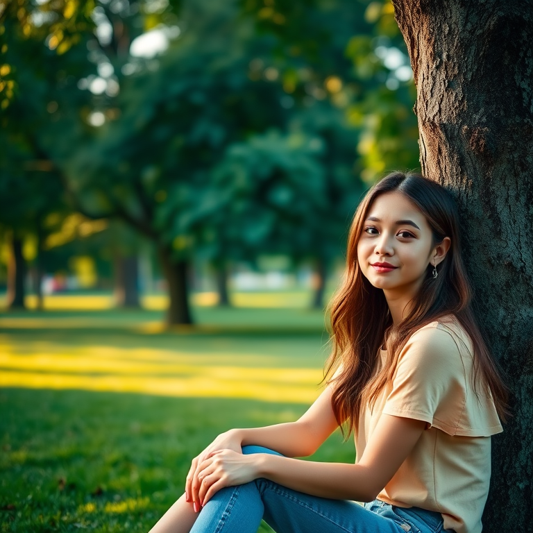 portrait of a young woman sitting by a tree in a lush green park, soft natural lighting, f/1.8 aperture, 50mm lens, shallow depth of field, DSLR camera, golden hour setting