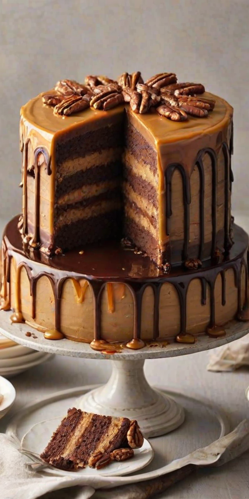 Create an image of a layered cake with a rich caramel and chocolate ganache topping. The cake should be decorated with a generous amount of chopped pecans around the edges and drizzled with both caramel and chocolate. The background should be simple and elegant to highlight the cake's details.