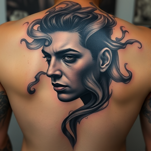 Captivating realism tattoo portrait on the back showcasing a hyper-detailed face emerging from swirling smoke tendrils with expert shading and subtle color accents for added depth