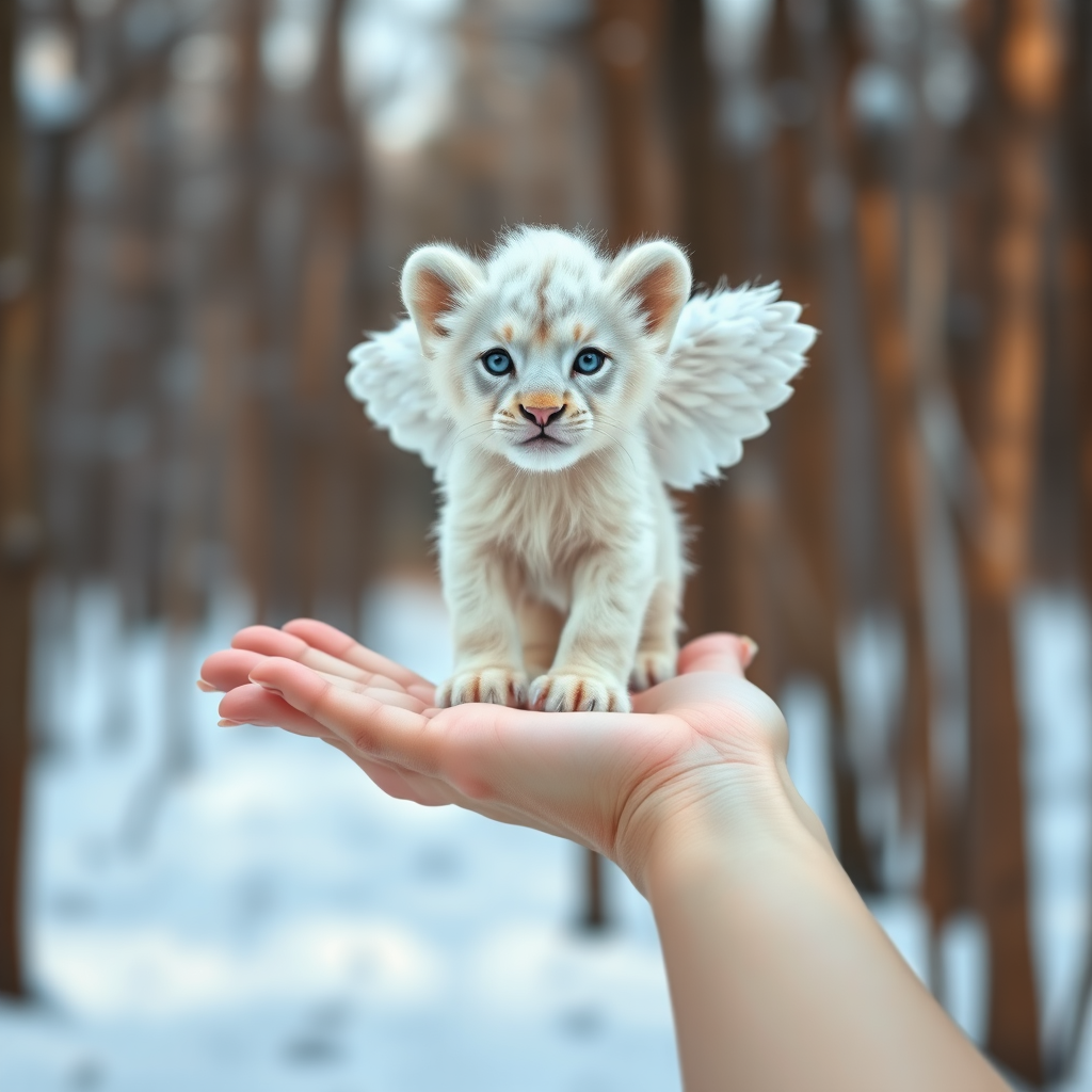 A small, white lion cub with angelic wings standing on a human hand. The cub has a soft, fluffy texture with detailed fur, expressive blue eyes, and a curious expression. The wings are large and feathery, blending seamlessly with its fur, giving an ethereal appearance. The background is a winter forest, with the ground covered in snow and blurred brown trees, creating a serene atmosphere. The human hand in the foreground is positioned palm-up, supporting the lion cub gently, fingers slightly curled. The lighting is soft and diffused, enhancing the tender and magical feel of the scene. Colors are predominantly neutral with white, cream, and soft browns, contrasting with the subtle blue of the lion cub's eyes. The overall composition is balanced, with the cub at the center, creating a focal point that draws the viewer's attention immediately.