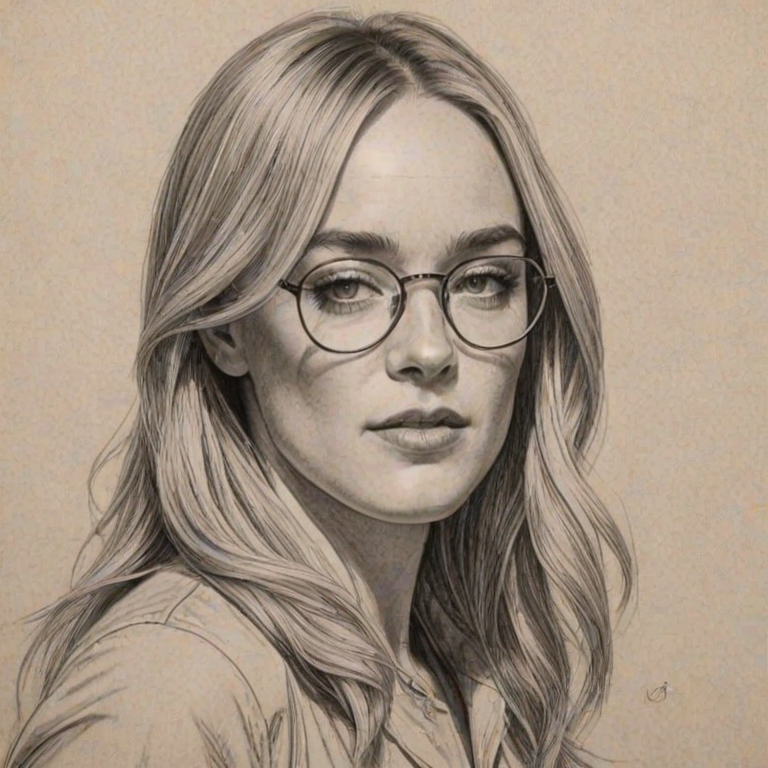 Comely Caity Lotz, pencil sketch, portrait of Magnificent woman 1922s in glasses, hair style beatnik, outline, clear lines, fine lines, 8k