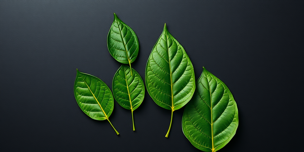 generate an image of four stylized green leaves arranged in a modern and clean layout with high contrast, using a Canon EOS R5 camera with a 50mm f/1.2 lens, aperture set to f/2.8, ISO 100, 1/200 sec shutter speed, taken from a top-down view with natural light for enhanced clarity and vibrant colors
