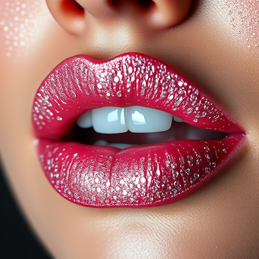 Dazzling diamond-dusted lips with a high-shine finish, sparkling and catching the light beautifully, captured in a glamorous and luxurious beauty close-up