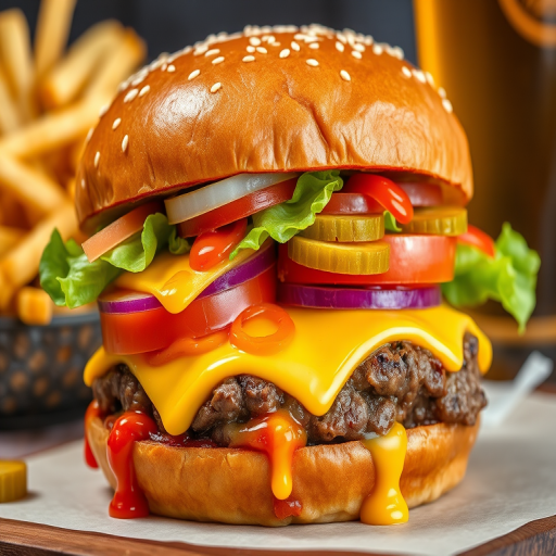High-resolution, close-up image of a gourmet double cheeseburger. The burger features a glossy, sesame-seed-topped brioche bun. Inside, there are two thick, juicy beef patties, each topped with melted cheddar cheese. The burger is garnished with fresh lettuce, tomato slices, diced onions, and pickles. A generous amount of ketchup and a creamy, orange-colored sauce is dripping down the sides, adding to the mouth-watering appeal. In the background, there are blurred elements including a side of golden French fries and a hint of a beverage, enhancing the overall presentation of a delicious meal.
