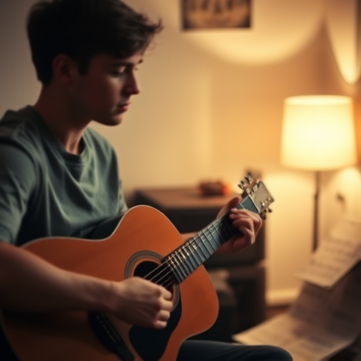 Blurry candid shot of a young man playing an acoustic guitar in a dimly lit room, soft light from a nearby lamp casting long shadows on the walls, with sheet music scattered around.