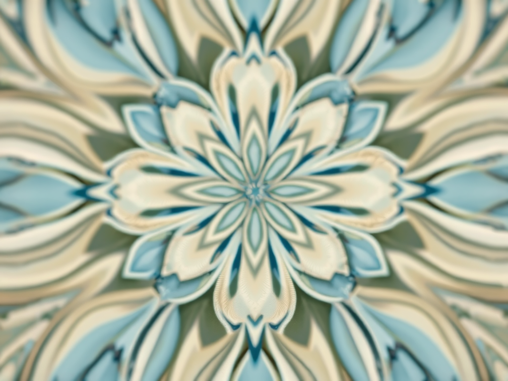 Create a symmetrical floral design with intricate line work in soft blue and beige tones, shot with a Canon EOS R5 at f/8, 1/125 sec, ISO 100, using a macro lens to capture fine details.