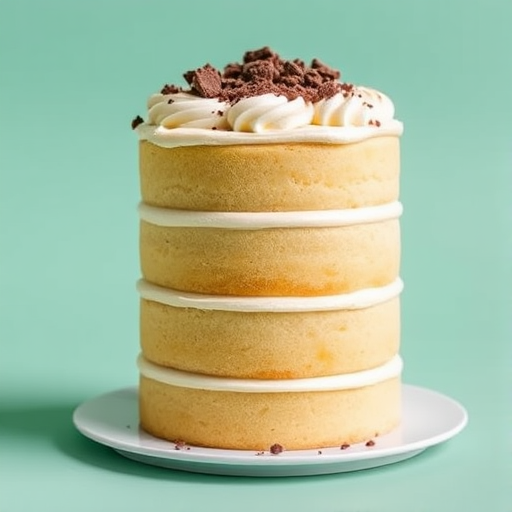 A tall layered cake with three tiers featuring light sponge cake and creamy vanilla frosting, topped with chocolate crumbs, sitting on a white plate against a solid mint green background.