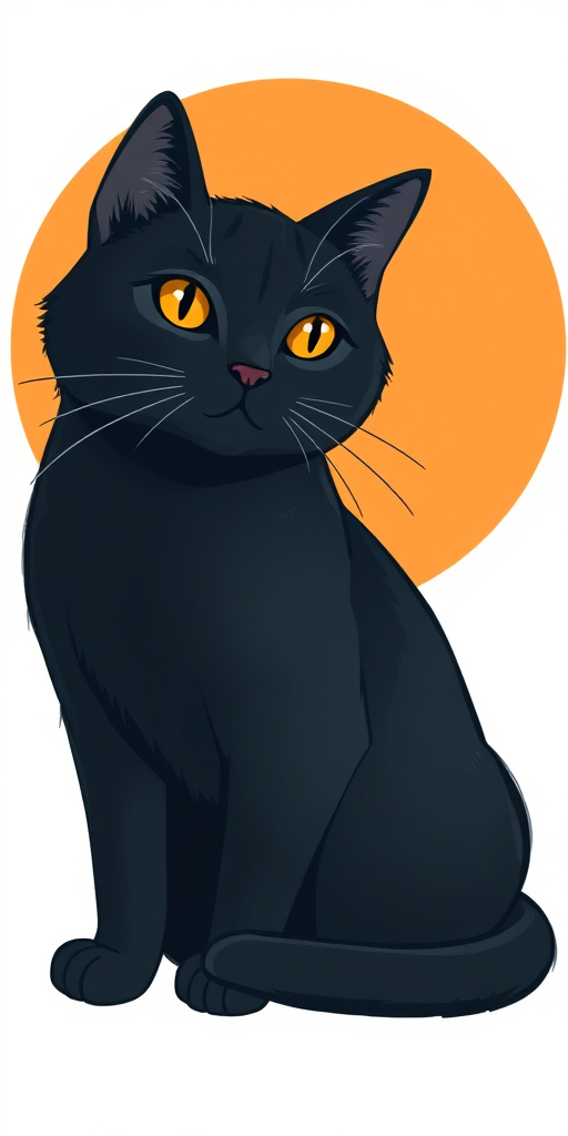 Create an illustration of a black cat sitting gracefully, with a warm orange circle in the background, using a digital art style, with a focus on smooth lines and textures, shot with a Canon EOS R, 50mm f/1.8 lens, aperture set at f/4, and a wide-angle view for a soft depth of field effect.
