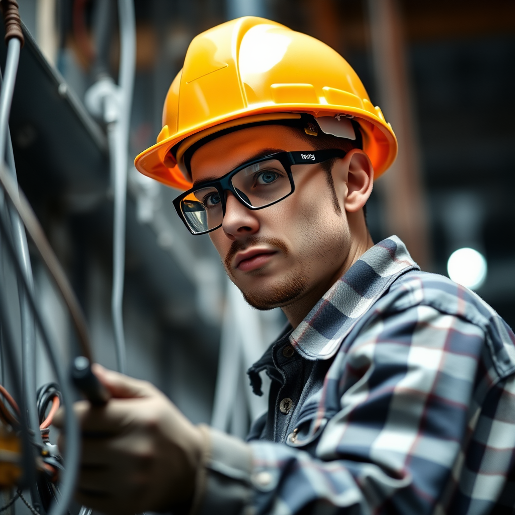portrait of an electric technician wearing a hard hat and safety glasses working with electric wires in an industrial setting, 50mm lens, f/1.8 aperture, ISO 200, shallow depth of field, natural lighting, DSLR camera
