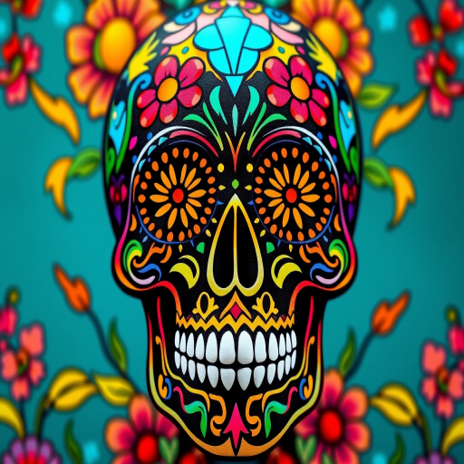 Create a vibrant and intricate Day of the Dead sugar skull design filled with colorful flowers, diamonds, and lightning motifs, captured using a DSLR camera with a 50mm lens, f/1.8 aperture, ISO 100, in natural lighting, at a 45-degree angle for depth and clarity.