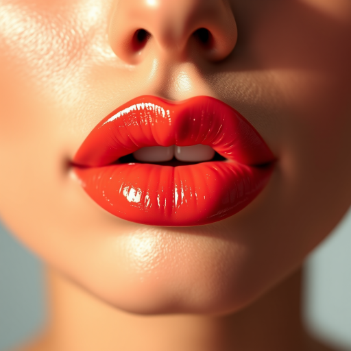 Luscious coral-hued lips with a glossy finish shine under soft studio lighting, showcasing a perfect cupid's bow and plump texture, evoking a sense of warmth and sensuality