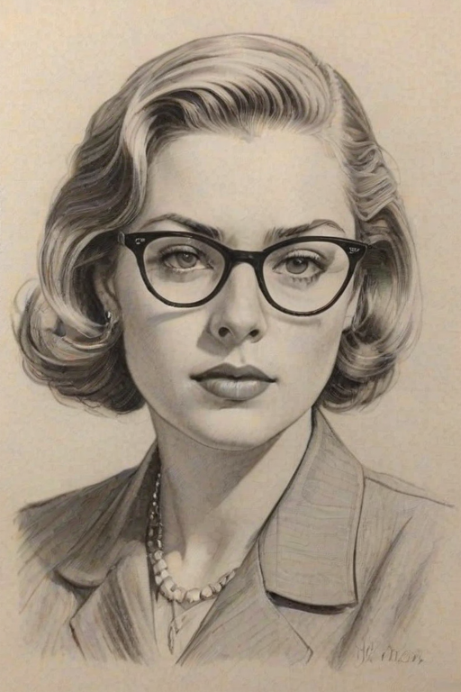 Superb Greta Garwig, pencil sketch, portrait of Elegant woman 1939s in glasses, hair style beatnik, outline, clear lines, fine lines, 8k