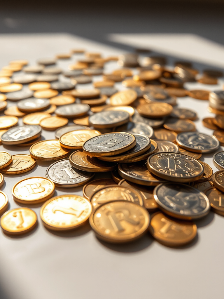 high-resolution image of scattered coins on a flat surface, macro lens, f/2.8 aperture, 50mm focal length, shot from a bird's eye view, natural lighting, digital camera