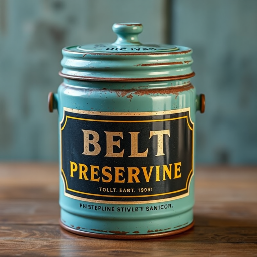 Create a high-resolution image of a vintage belt preservative canister with a teal color scheme, using a DSLR camera, 50mm lens, f/2.8 aperture, ISO 100, and natural lighting for enhanced detail and clarity.