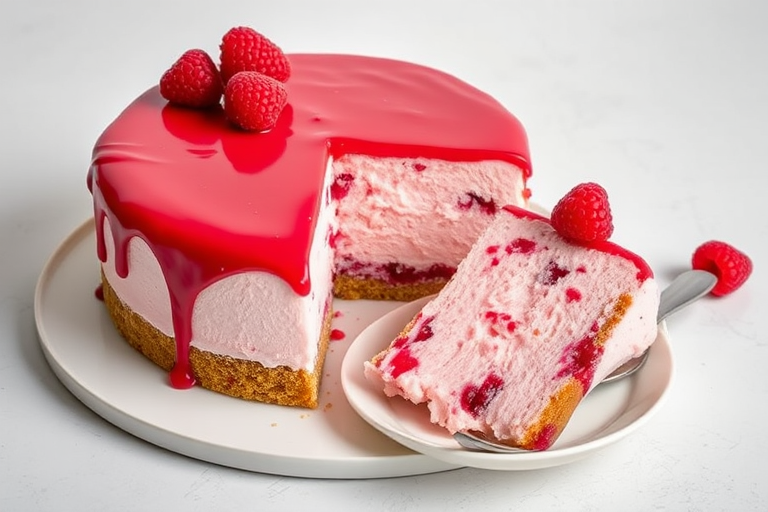 Create an image of a delicious raspberry mousse cake with a glossy raspberry glaze on top decorated with fresh raspberries, featuring a slice of the cake on a plate with a spoon beside it, set against a light textured background.