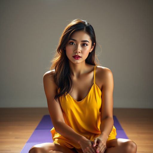 Resplendent photo of woman:Chinese:0.4, highlight hair, wearing Banana dress, sitting on Yoga mat, rim lighting, studio lighting, looking at the camera, dslr, ultra quality, sharp focus, tack sharp, dof, film grain, Fujifilm XT3, crystal clear, 8K UHD, highly detailed glossy eyes, high detailed skin, skin pores