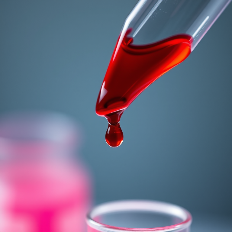 A close-up of a laboratory pipette with red liquid dripping from the tip, captured with a Canon EOS R5, f/4 aperture, ISO 200, 50mm lens, soft diffused lighting for enhanced clarity and detail.