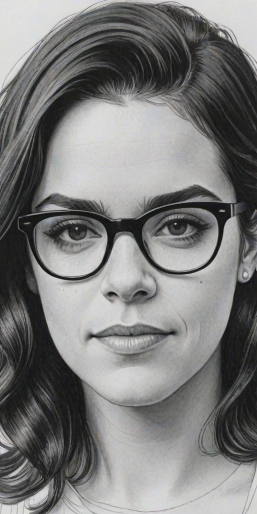 Bewitching Abbi Jacobson, pencil sketch, portrait of Alluring woman 1945s in glasses, hair style beatnik, outline, clear lines, fine lines, 8k