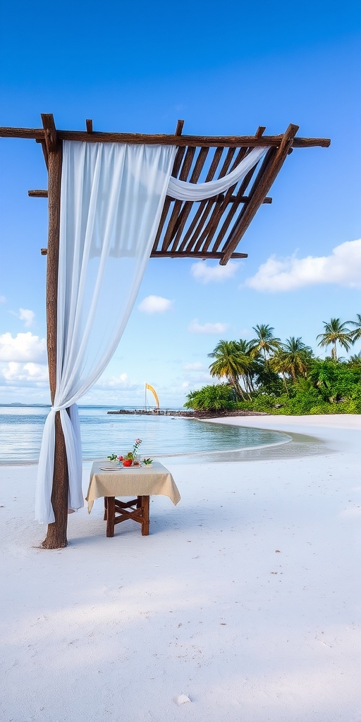 Create a picturesque tropical beach scene featuring a serene, white sandy shore. In the foreground, there's a rustic wooden canopy with white drapes gently flowing in the breeze. Underneath the canopy, a table is set with tropical decor, evoking a sense of relaxation and leisure. The beach extends into a calm, shallow water area with reflections of the sky and surroundings. Palm trees and lush greenery line the edge of the beach, providing a natural, tropical backdrop. The sky is clear with a few scattered clouds, and the overall atmosphere is tranquil and inviting, perfect for a peaceful retreat.