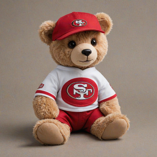 A cute and fluffy teddy bear dressed in a San Francisco 49ers-themed outfit, wearing a red cap with the 49ers logo, aviator sunglasses, and a white football jersey with red accents. The bear is also wearing casual jeans and red and white sneakers, while sitting in a relaxed pose with a football beside it. The teddy bear has a cool, laid-back attitude, with a sporty vibe. The background is clean and minimal, highlighting the bear as the main focus.