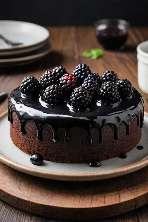 Create a realistic image of a round black cake topped with fresh blackberries, set on a dark plate against a wooden table background. The cake should have a smooth, glossy black frosting and a few blackberries artfully arranged on top.