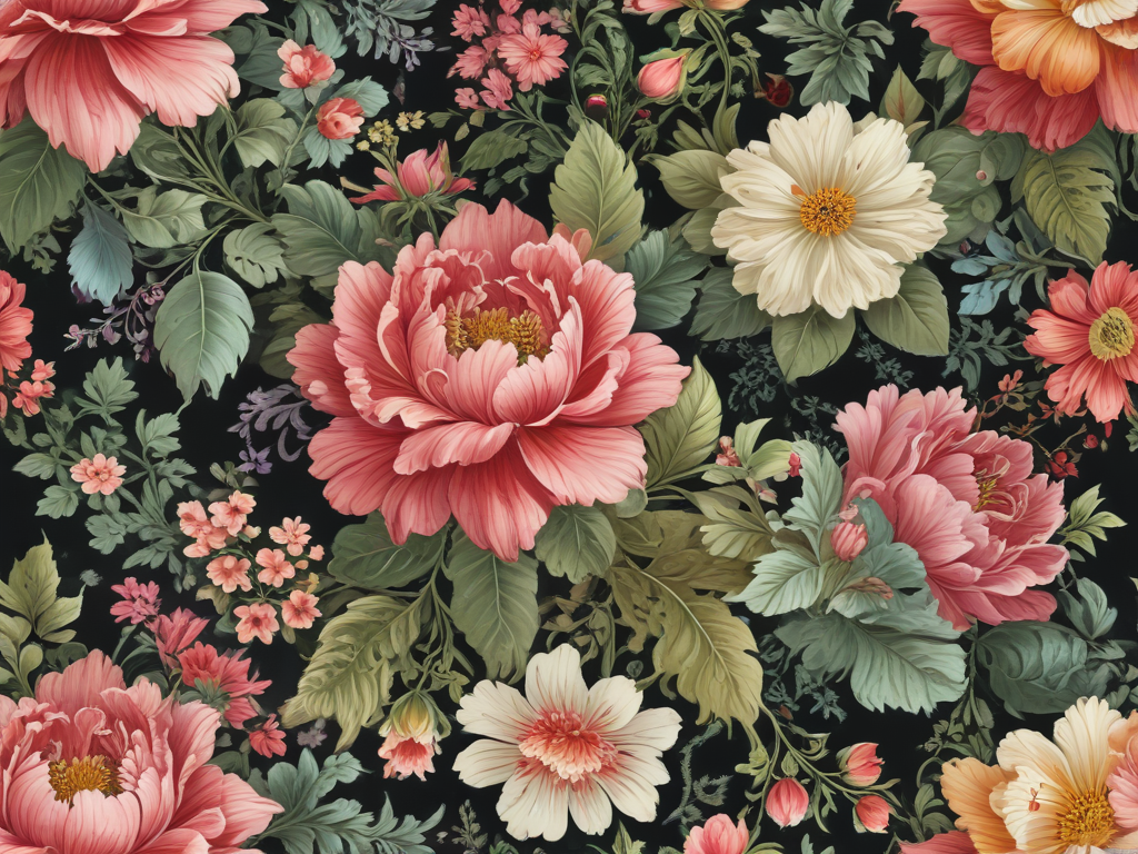 A Vibrant Floral Pattern Featuring Various Colorful Flowers on a Dark ...