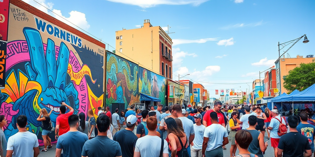 Vibrant street art festival, with artists creating large murals, spectators taking photos, and the sound of music filling the air, creating a lively atmosphere.