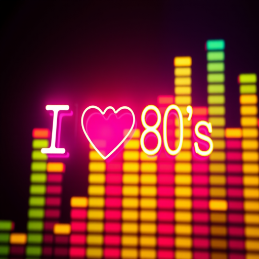 Create a vibrant neon-lit graphic featuring the text I love 80's over a colorful soundwave equalizer background, using a Canon EOS 5D Mark IV with a 50mm lens, f/2.8 aperture, ISO 100, and a slight tilt-shift effect to enhance depth.