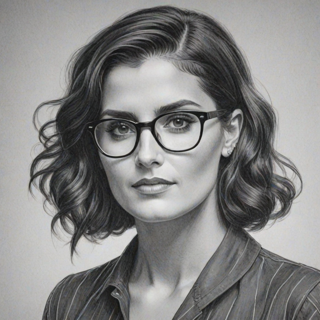 Ravishing Nelly Furtado, pencil sketch, portrait of Charming woman 1937s in glasses, hair style beatnik, outline, clear lines, fine lines, 8k