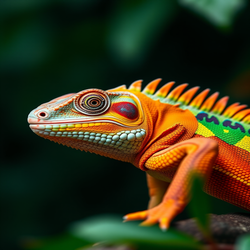 Create a vibrant, high-resolution image of a colorful iguana with intricate patterns, using a macro lens with a shallow depth of field, at f/2.8, ISO 100, and 1/200s shutter speed, from a slightly low angle to enhance its majestic appearance against a softly blurred, dark green background.