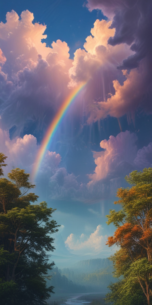 A Serene Landscape with a Vibrant Rainbow Arching Over Lush Trees