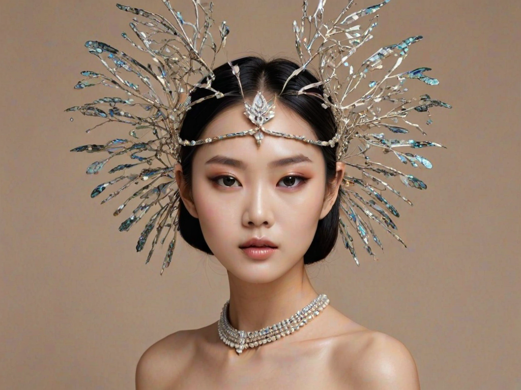The image depicts a young korean woman with sleek, dark hair wearing an intricate and avant-garde headpiece. The headpiece is made of delicate, metallic structures resembling abstract butterfly wings or branches, framing her face with an artistic, futuristic flair. Her expression is soft yet confident, and her makeup emphasizes her eyes with long lashes and a subtle lip color, giving her a refined and elegant appearance. She also wears a pearl necklace, adding a touch of classic sophistication that contrasts with the modern, almost ethereal design of the headpiece