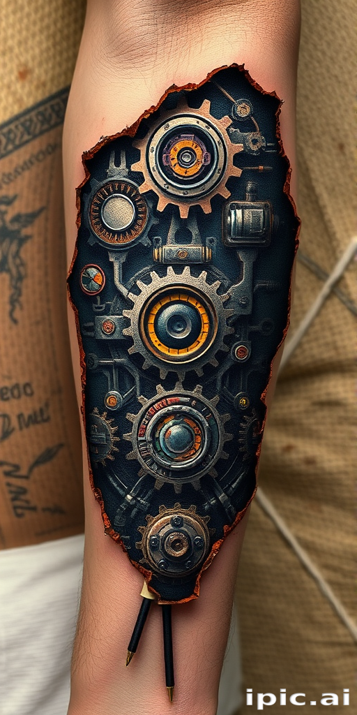 Biomechanical tattoo revealing robotic gears and circuitry beneath torn skin on the forearm, with metallic highlights and rust-like details for a worn look