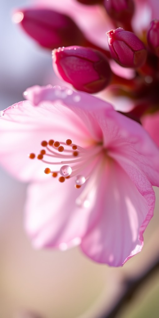 close-up of a blossoming pink flower with dewdrops on petals, background softly blurred, natural lighting, ISO 200, f/2.8 aperture, 100mm macro lens, shot from a slight angle, DSLR camera.