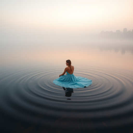 A serene lakeside scene at dawn with a woman in a flowing light blue dress sitting in the water, creating ripples, surrounded by misty trees, captured with a Canon EOS R5, 35mm lens, f/1.8 aperture, ISO 100, long exposure for smooth water effect, soft focus background.