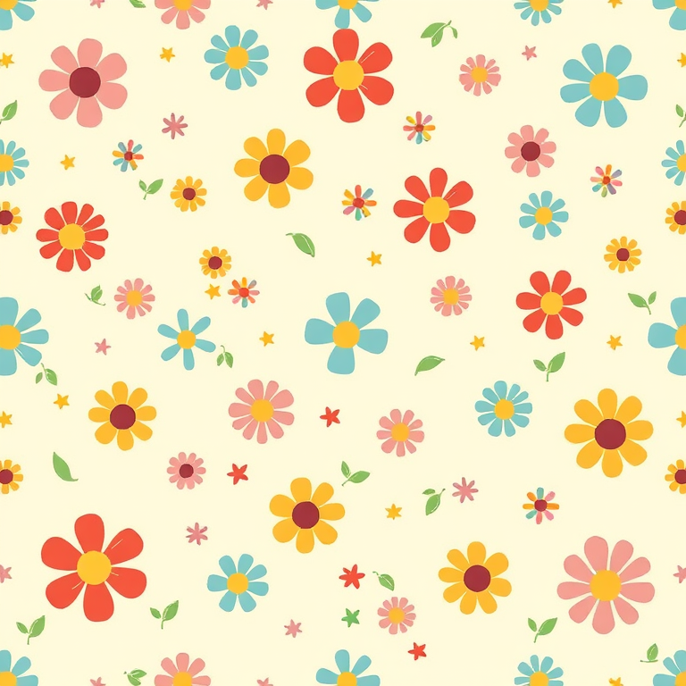 Create a seamless pattern featuring small colorful flowers scattered across a light cream background with a whimsical and cheerful design.