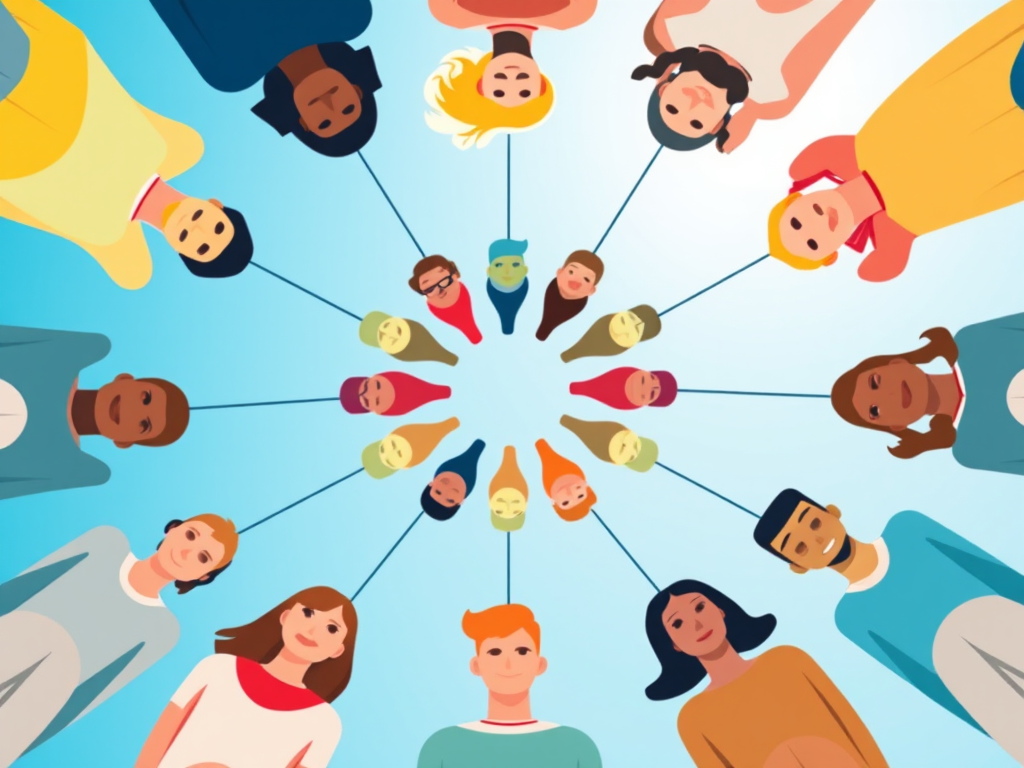 Create an illustration of a diverse group of stylized people connected in a circular network, with a bright blue sky in the background, captured using a Canon EOS R5 with a 50mm lens, aperture set to f/2.8 for a shallow depth of field, vibrant colors and clean vector style.
