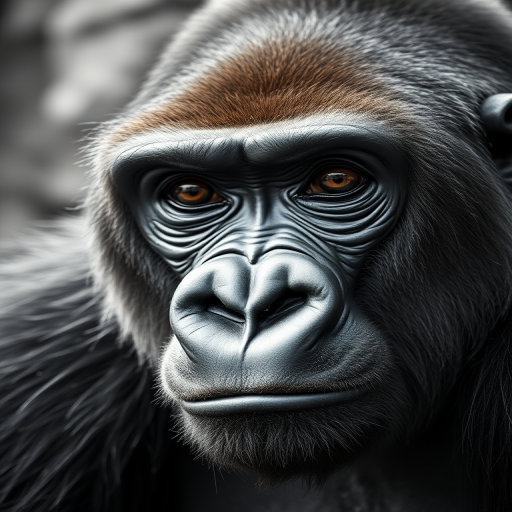 close-up portrait of a gorilla, captured with a 85mm lens, f/1.8 aperture, ISO 200, 1/200 sec shutter speed, natural soft lighting, shallow depth of field, DSLR camera, monochrome style, focus on facial features and texture details